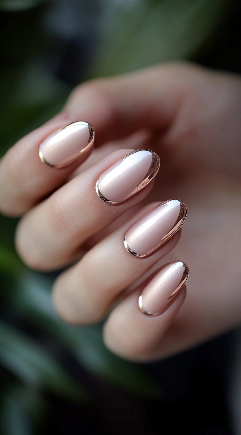 A close-up of almond-shaped nude nails with a pearlescent finish and a metallic rose gold outline along the edges.