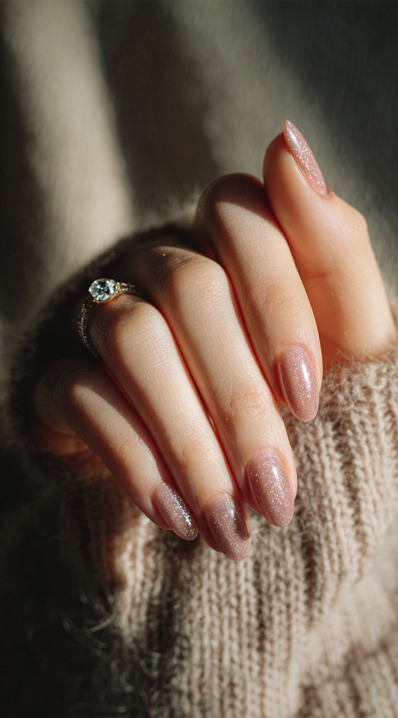 Almond-shaped nails with a soft nude-to-rose gradient base and ultra-fine glitter overlay.