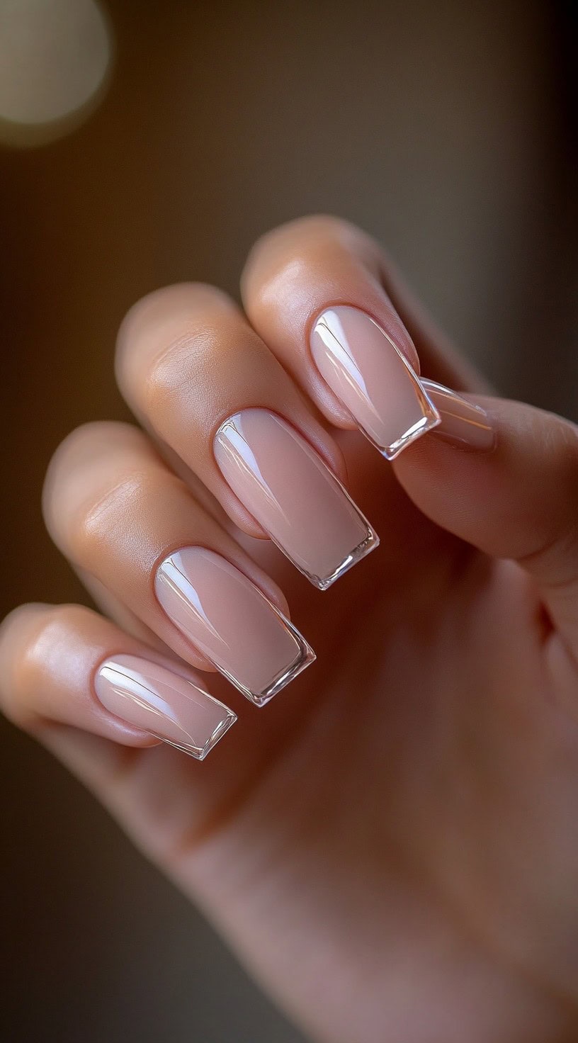 Square nude nails with a subtle glass tip effect and glossy, seamless finish.