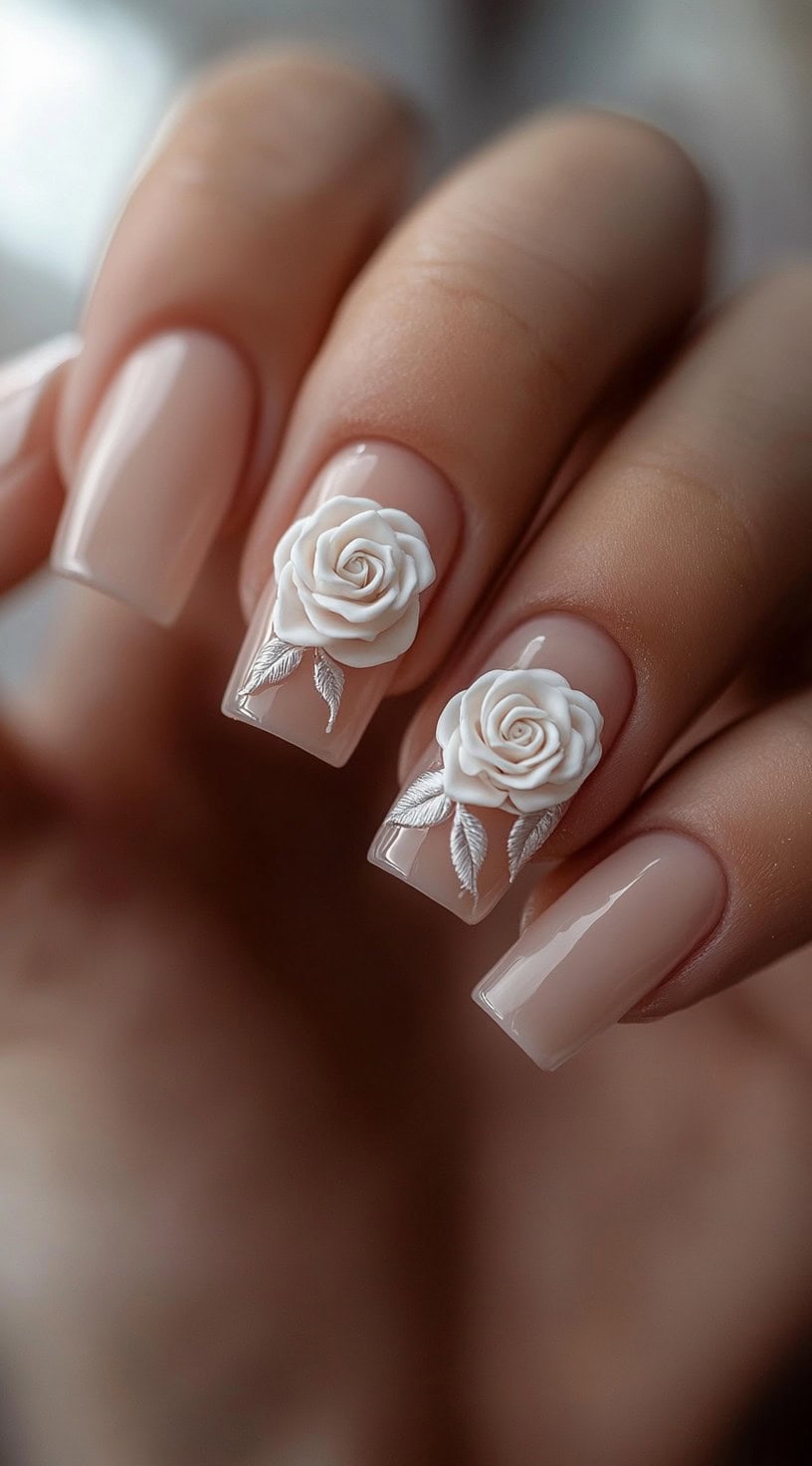 Square-shaped nails in a nude shade, adorned with 3D white roses and delicate silver leaves.