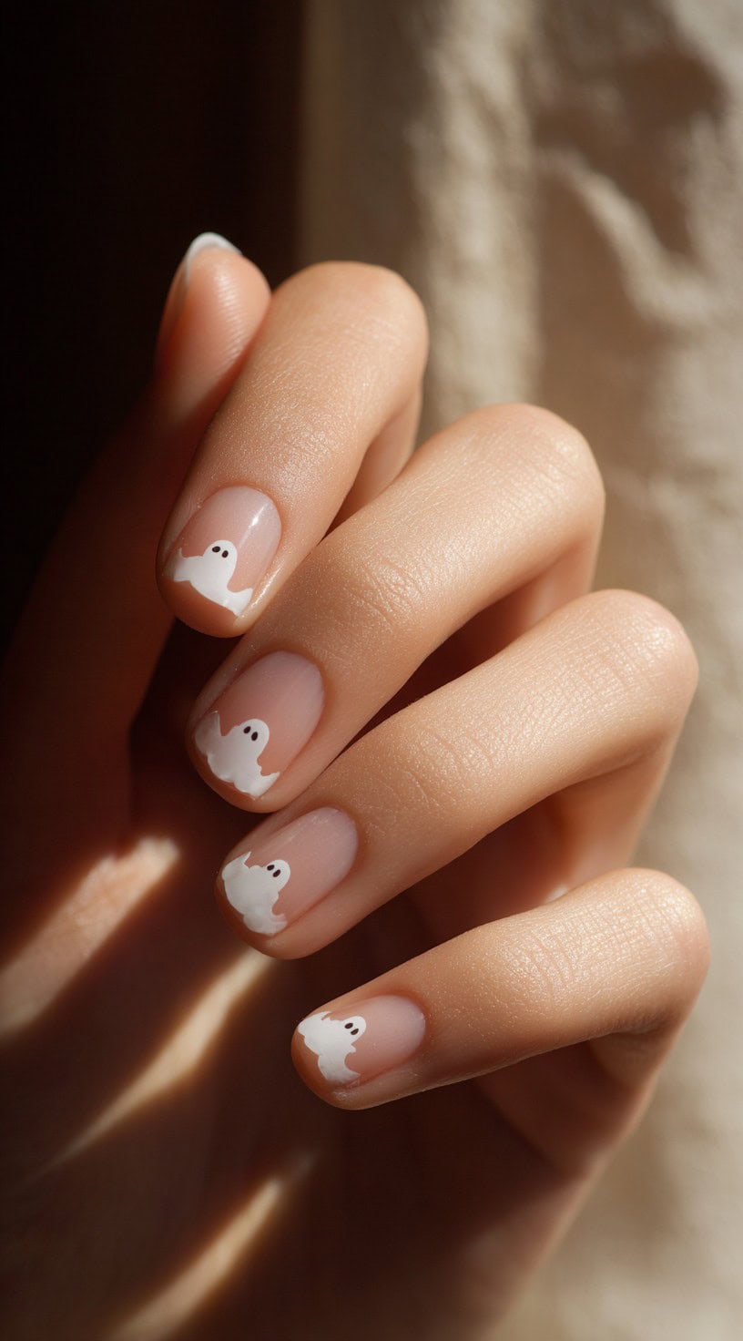 A hand with short natural nails decorated with white ghost shapes that curl over the tips like a French manicure twist.