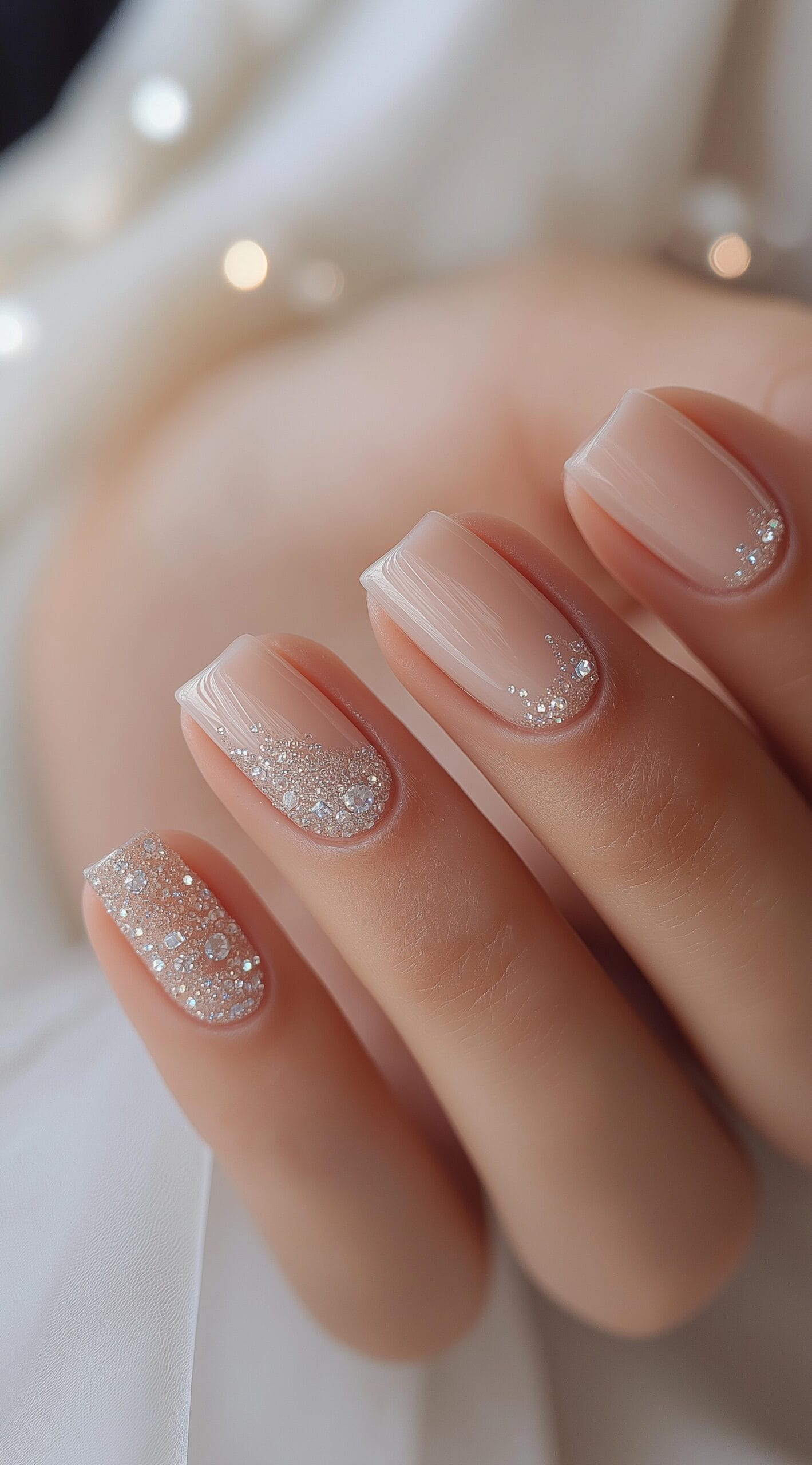 A set of short square-shaped nude nails with soft glitter accents concentrated around the cuticle area.