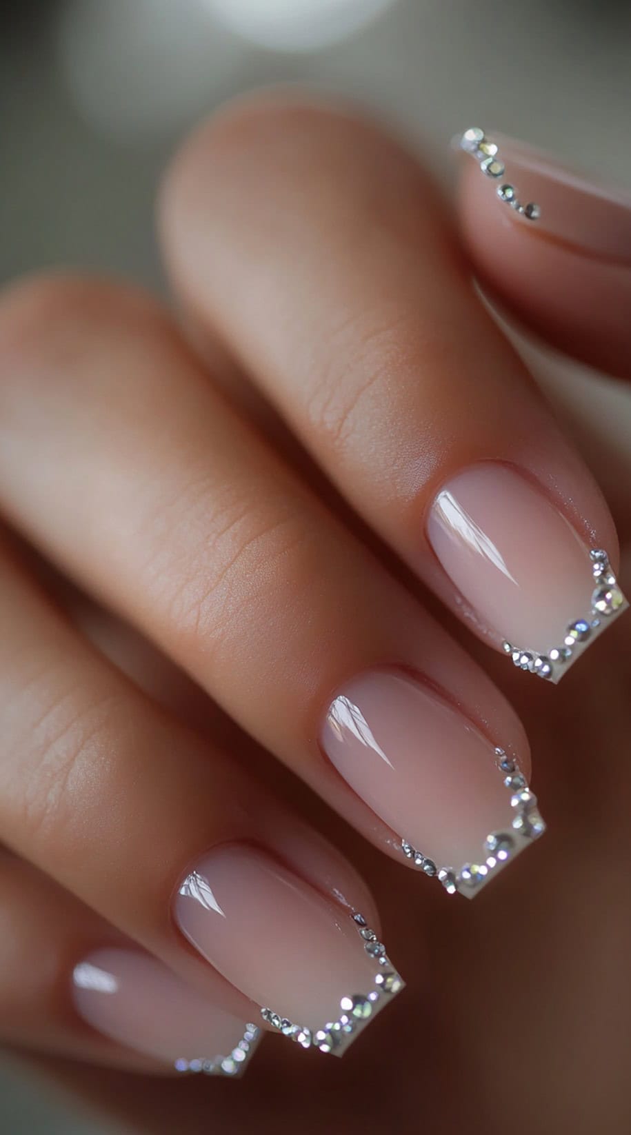 Close-up of natural-toned square nails with delicate rhinestone-lined tips for a sparkling French effect.