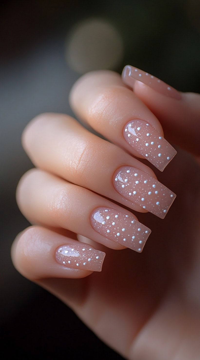 Neutral nude nails in a square shape, decorated with small white dot patterns across the surface.