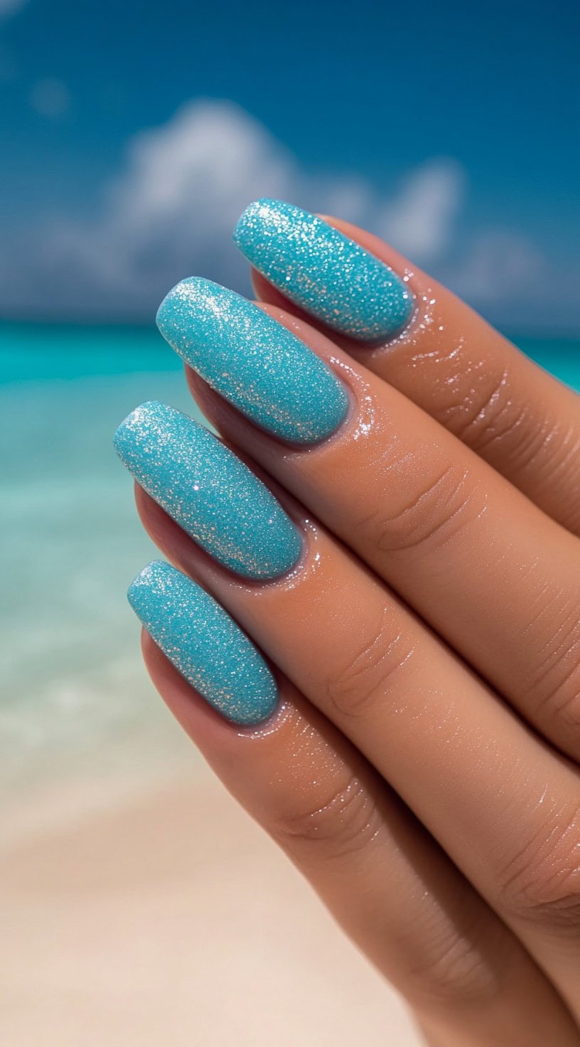Square-shaped nails with a vibrant ocean blue base covered in fine glitter, sparkling against the sea backdrop.
