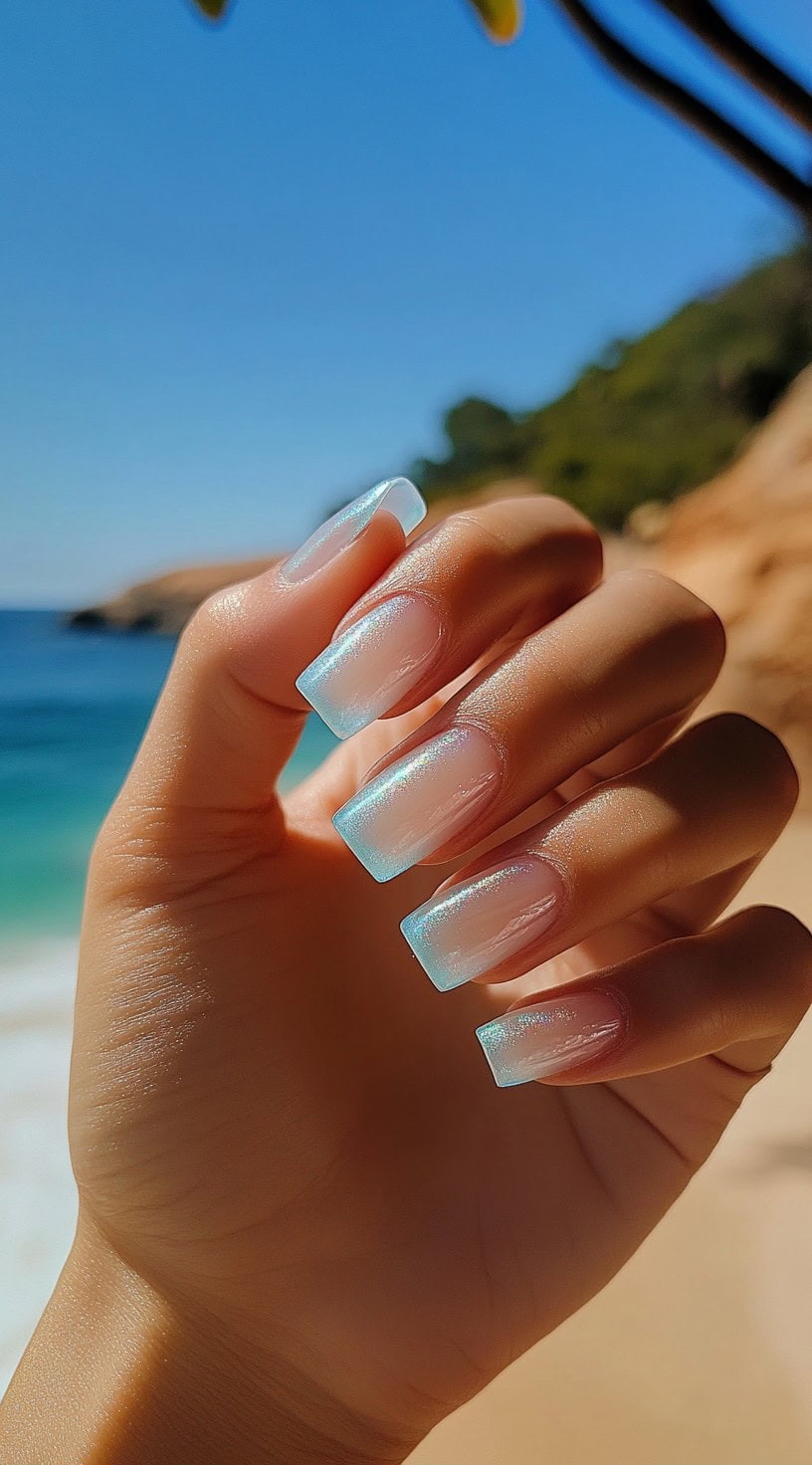 Hand with square-shaped nails featuring a gradient from translucent to light blue.