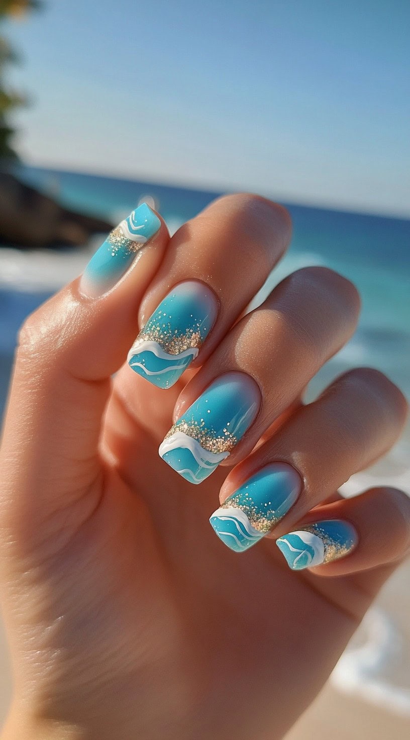 Square-shaped nails with a gradient blue ombre effect and white wave accents adorned with glitter.