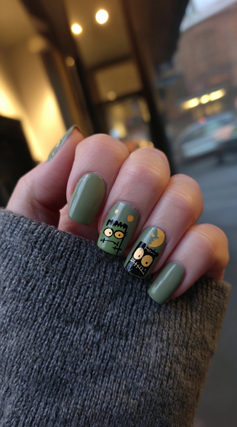 Short square nails in olive green with cartoon Frankenstein faces on the middle and ring fingers.