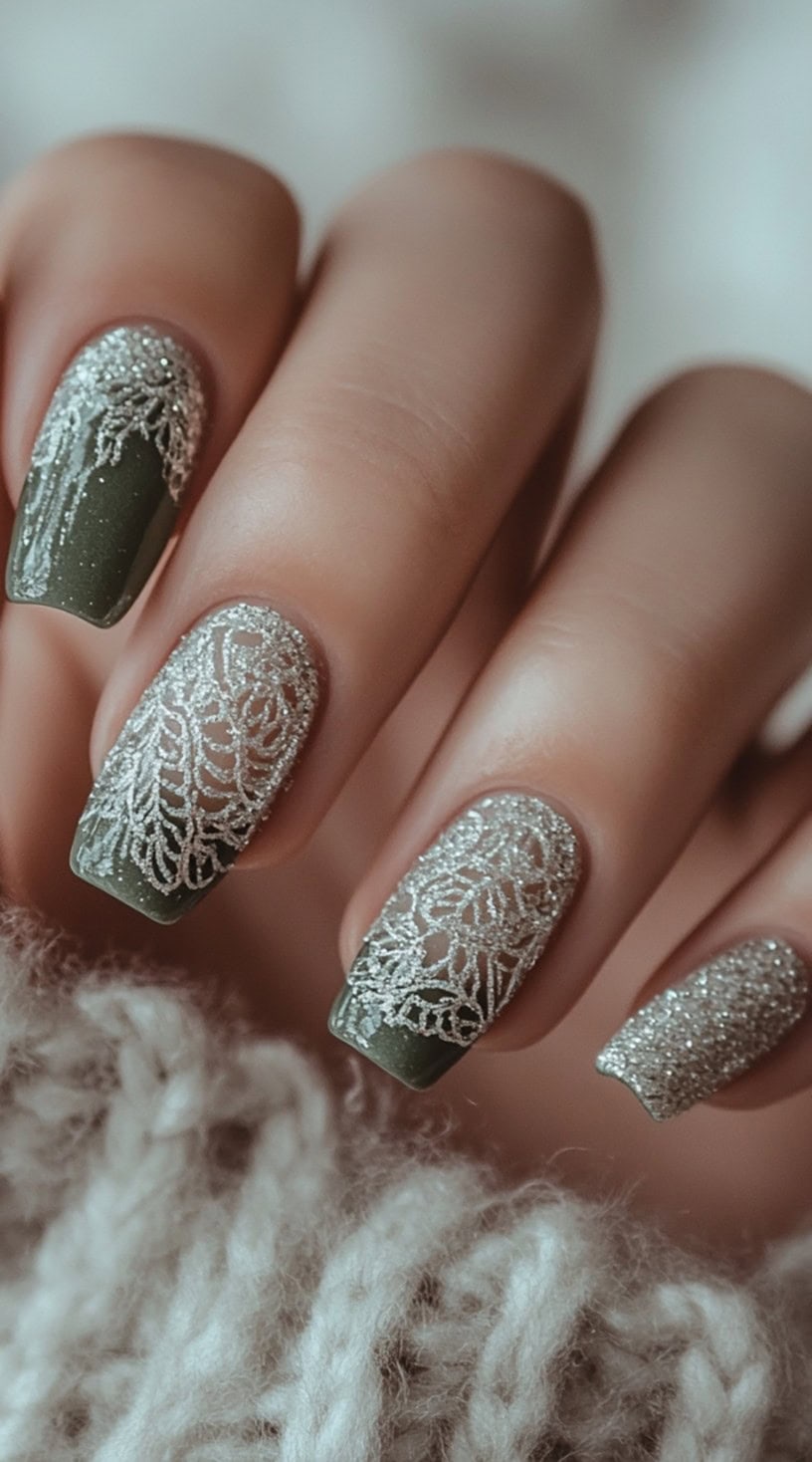 A set of olive green nails with intricate silver lace-like detailing and glitter accents.