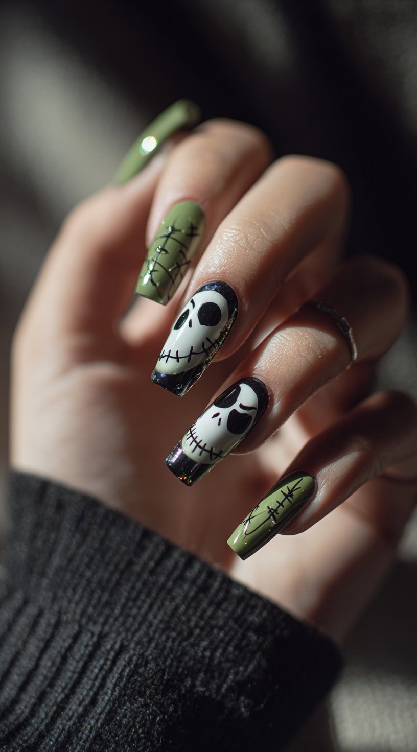 Long coffin-shaped nails painted olive green with black stitched patterns and Jack Skellington faces.