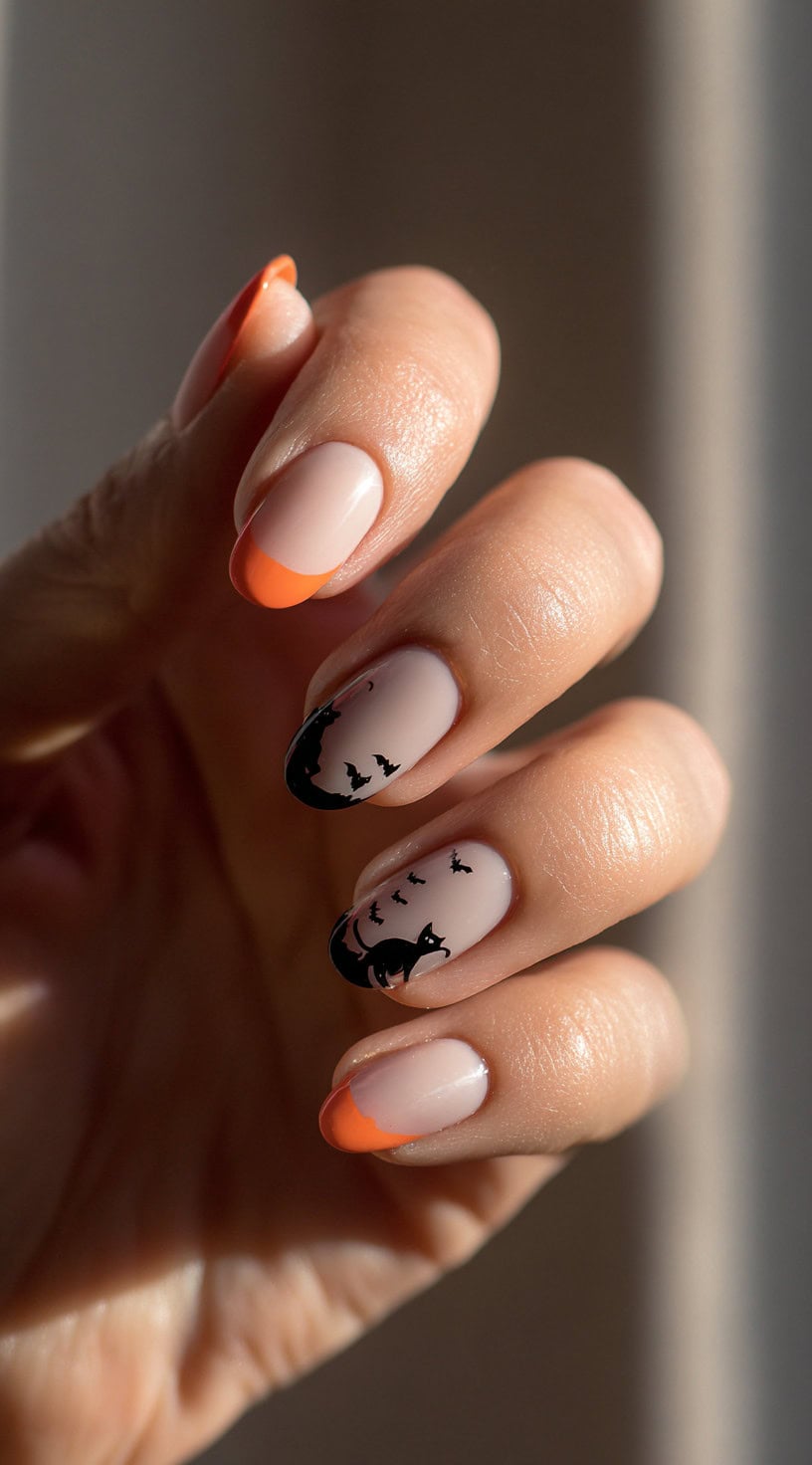 A hand with orange French tip nails features black Halloween silhouettes of bats, a cat, and a tree branch on two accent fingers.