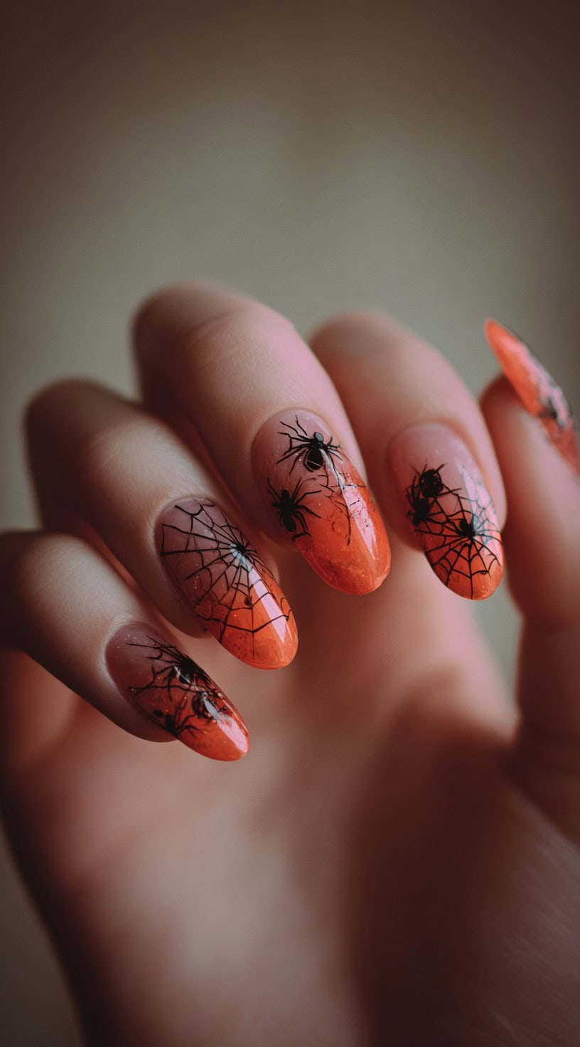 A hand with almond-shaped orange jelly nails featuring black spider webs and spiders on each nail.