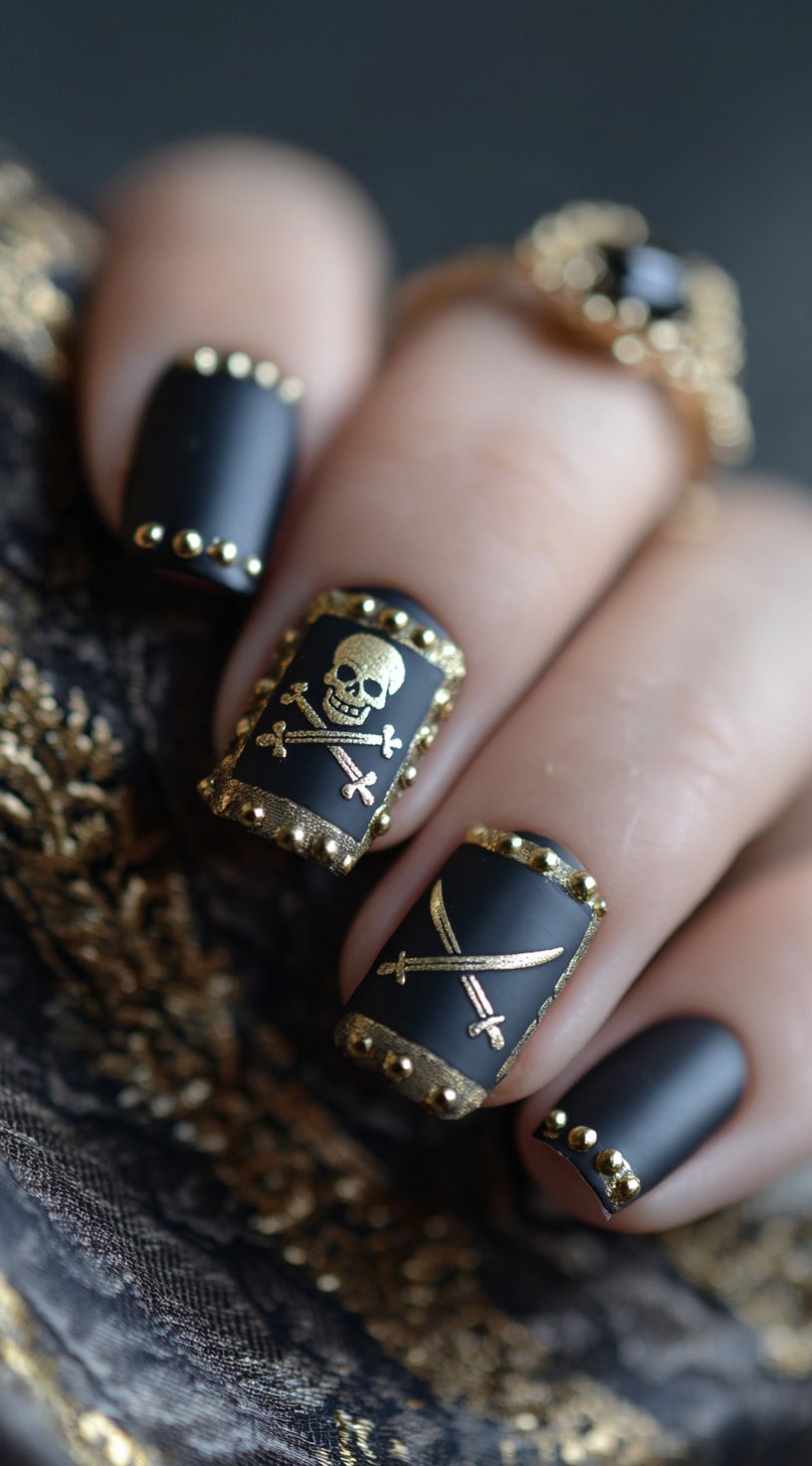 Square black matte nails trimmed with gold beads and foil detailing feature golden pirate skulls and crossed swords.
