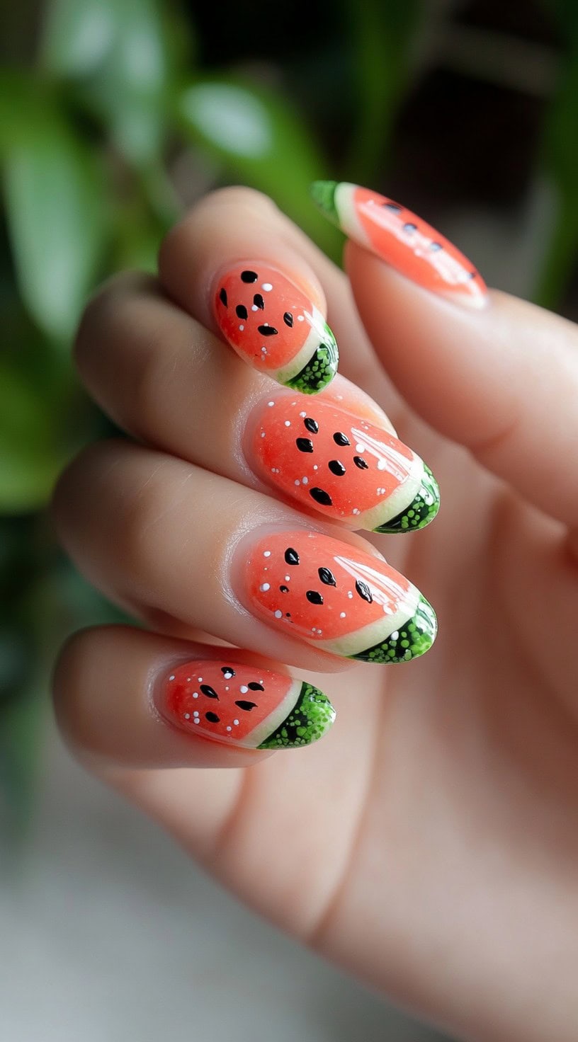 A hand with oval-shaped nails featuring a detailed watermelon slice tip design on each nail.