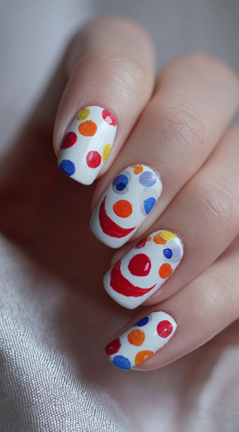 Short white nails covered in hand-painted red, blue, orange, and yellow dots, with two nails featuring full clown faces.