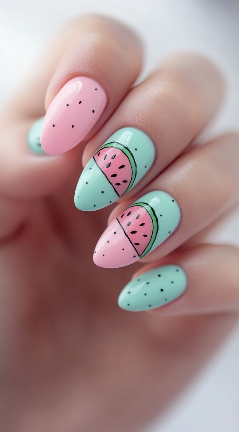 Soft pastel nails featuring mint and pink blocks with cartoon-like watermelon slices and tiny black seed dots.