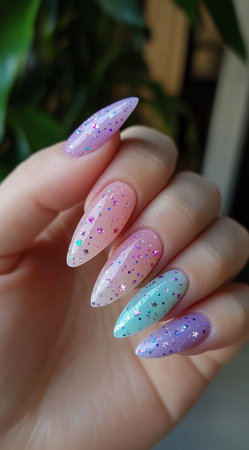 Five almond-shaped nails painted in translucent pastel shades with colorful star glitter scattered throughout.