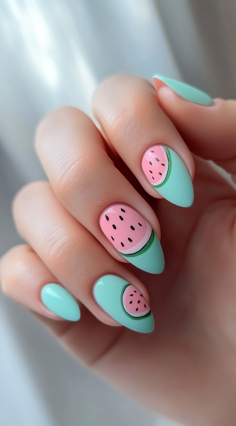 Almond nails painted with a matte mint green base and soft pink watermelon slices on accent fingers.