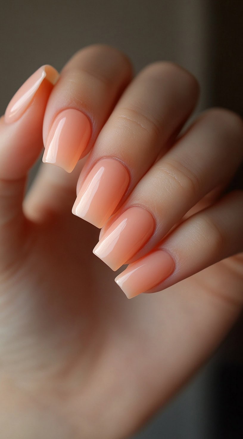 Square-shaped nails in a soft peachy sheer shade with a glossy, natural finish.