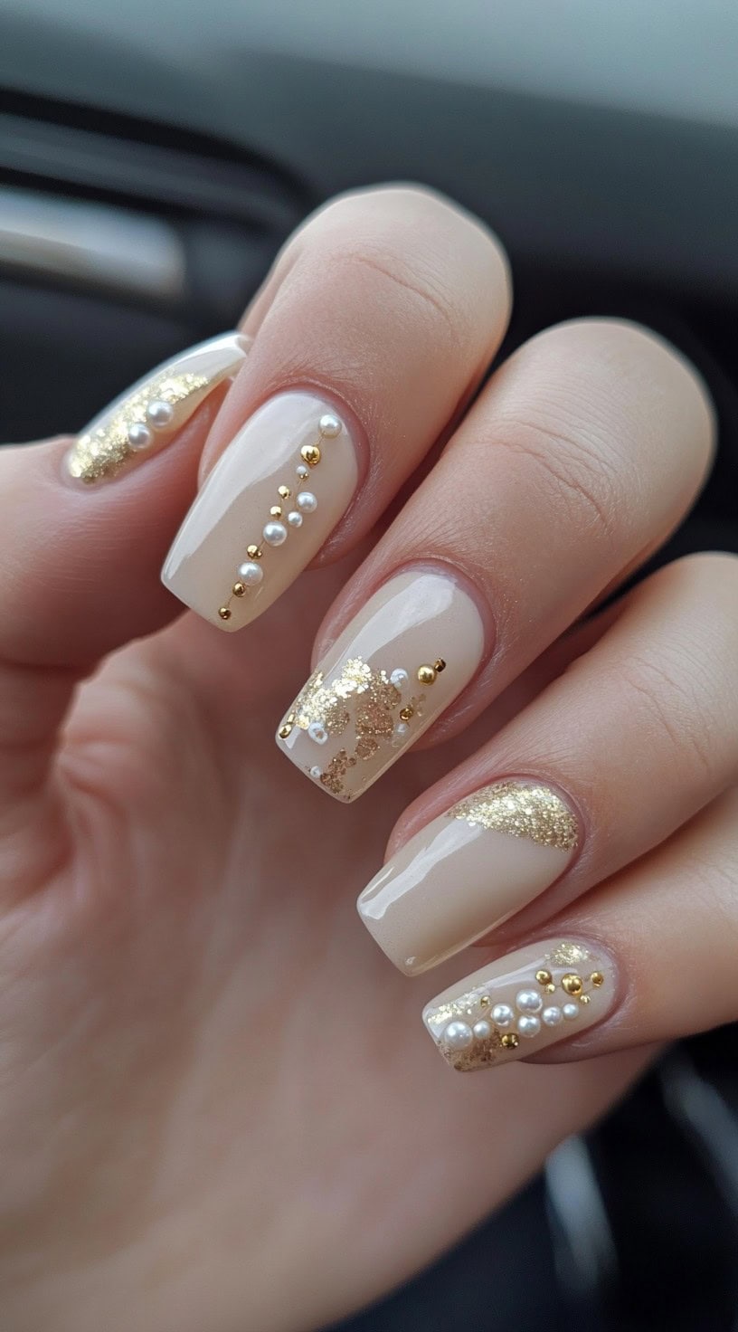 Square nude nails decorated with pearl embellishments, gold beads, and subtle glitter accents for a romantic and sophisticated look.