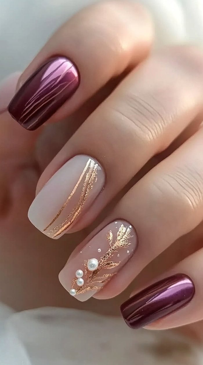 A close-up of a hand with square-shaped nails featuring deep metallic burgundy, nude with gold leaf details, and pearl embellishments.