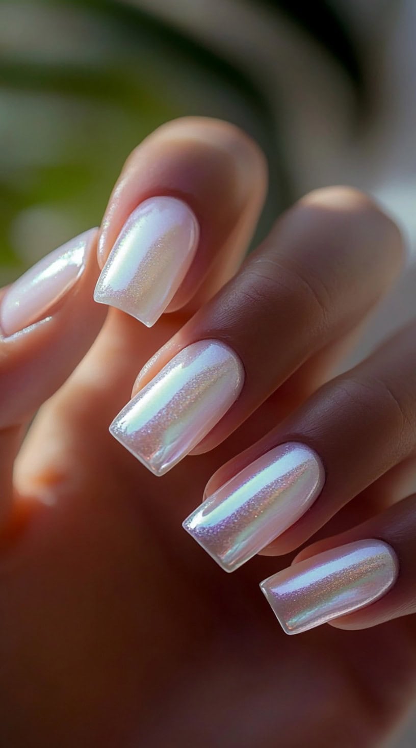 Square-shaped nails with a pearly white chrome finish reflecting soft rainbow hues.