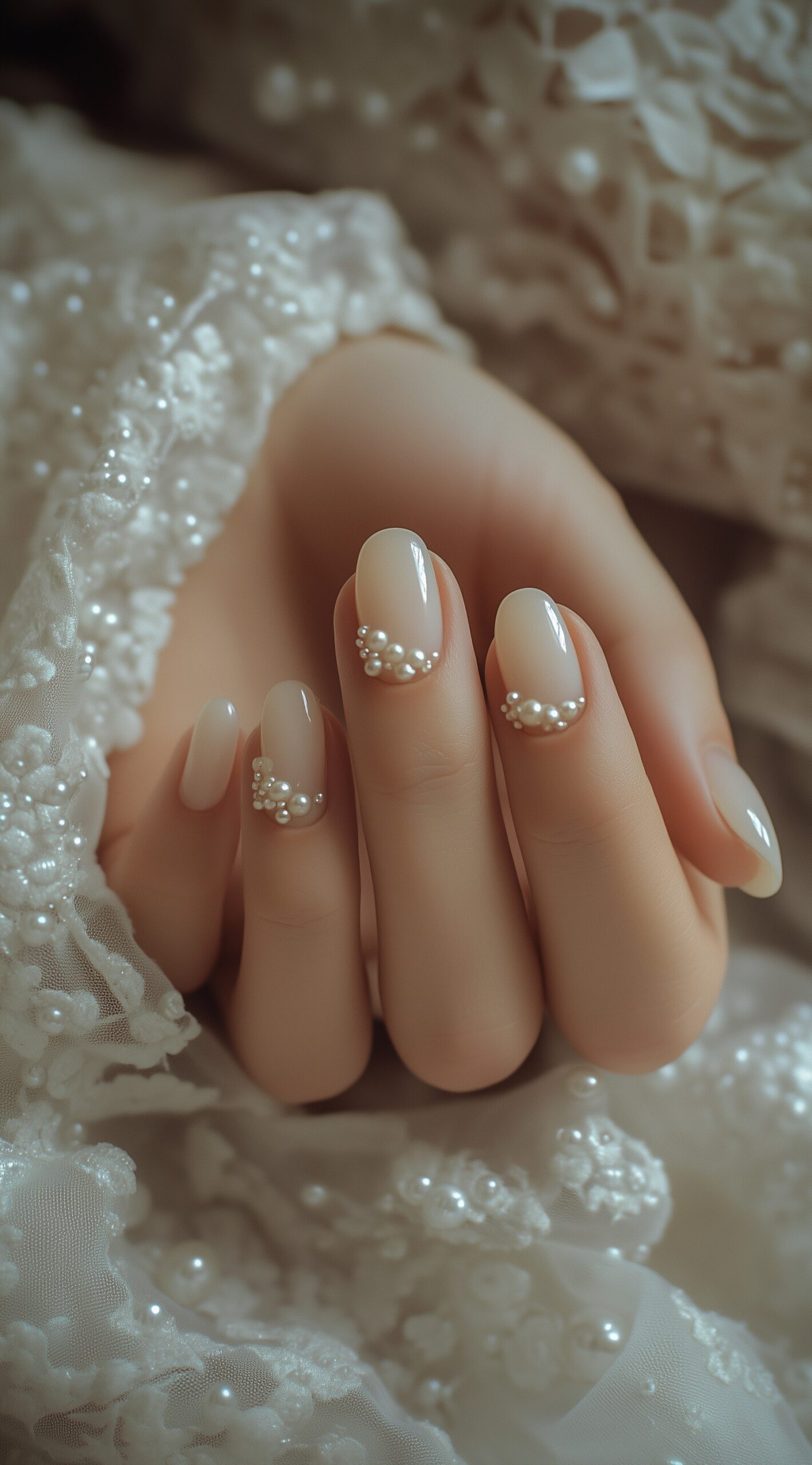 A close-up of a bride's hand with short almond nails featuring a sheer milky white base adorned with elegant pearl embellishments near the cuticles.