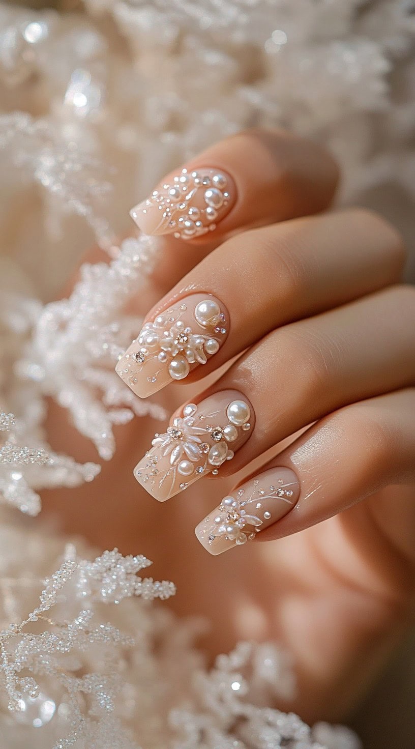 A close-up of square-shaped nude nails adorned with 3D pearl clusters, delicate floral accents, and sparkling rhinestones.