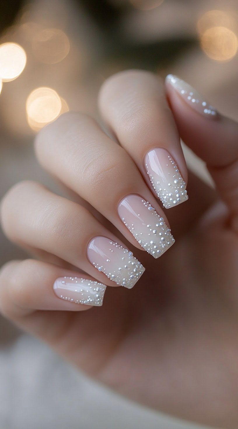 A close-up of French ombré nails with small pearl embellishments along the tips, creating a soft and elegant wedding manicure.