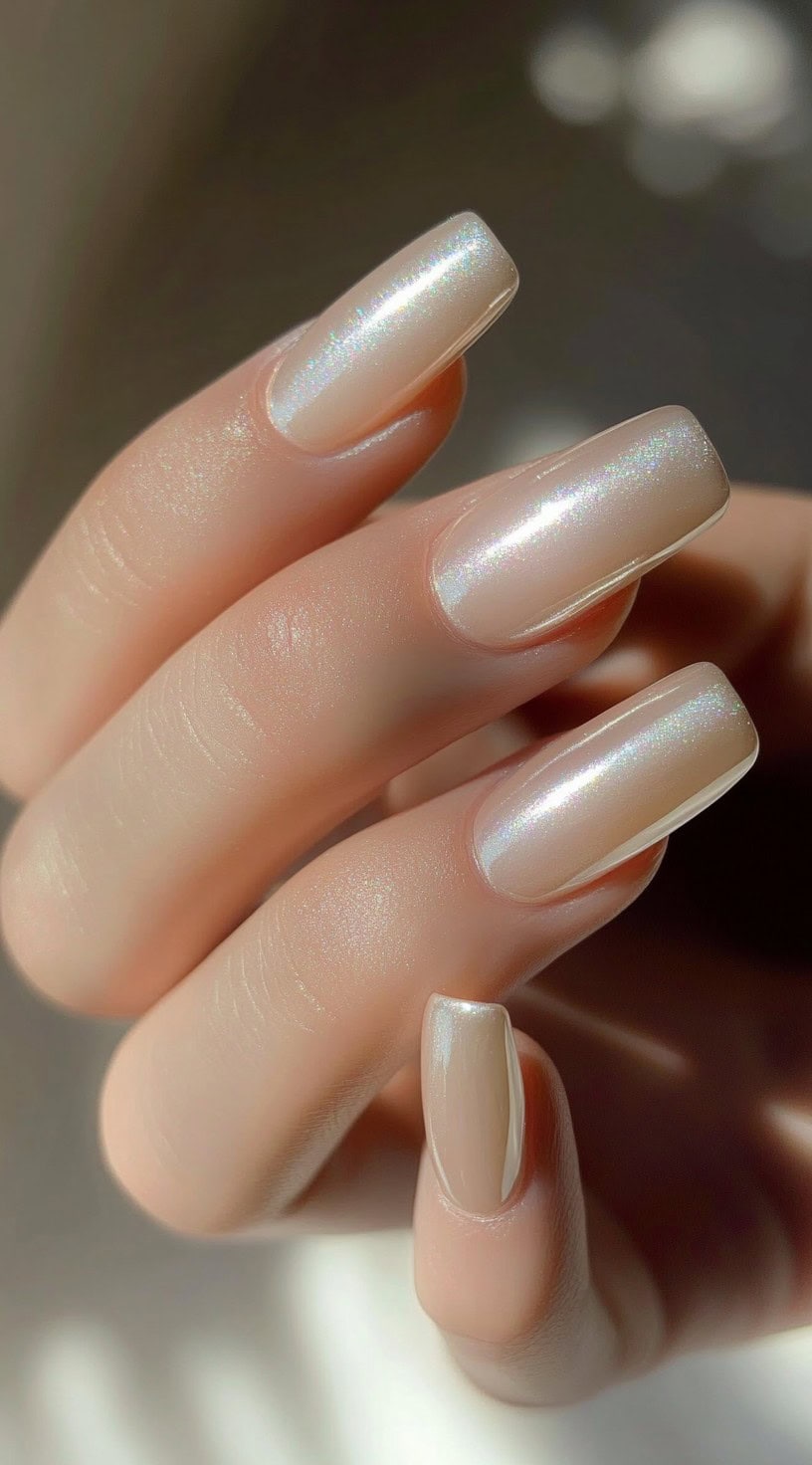 Square-shaped nails in a soft nude tone with a subtle pearlescent shimmer reflecting under natural light.
