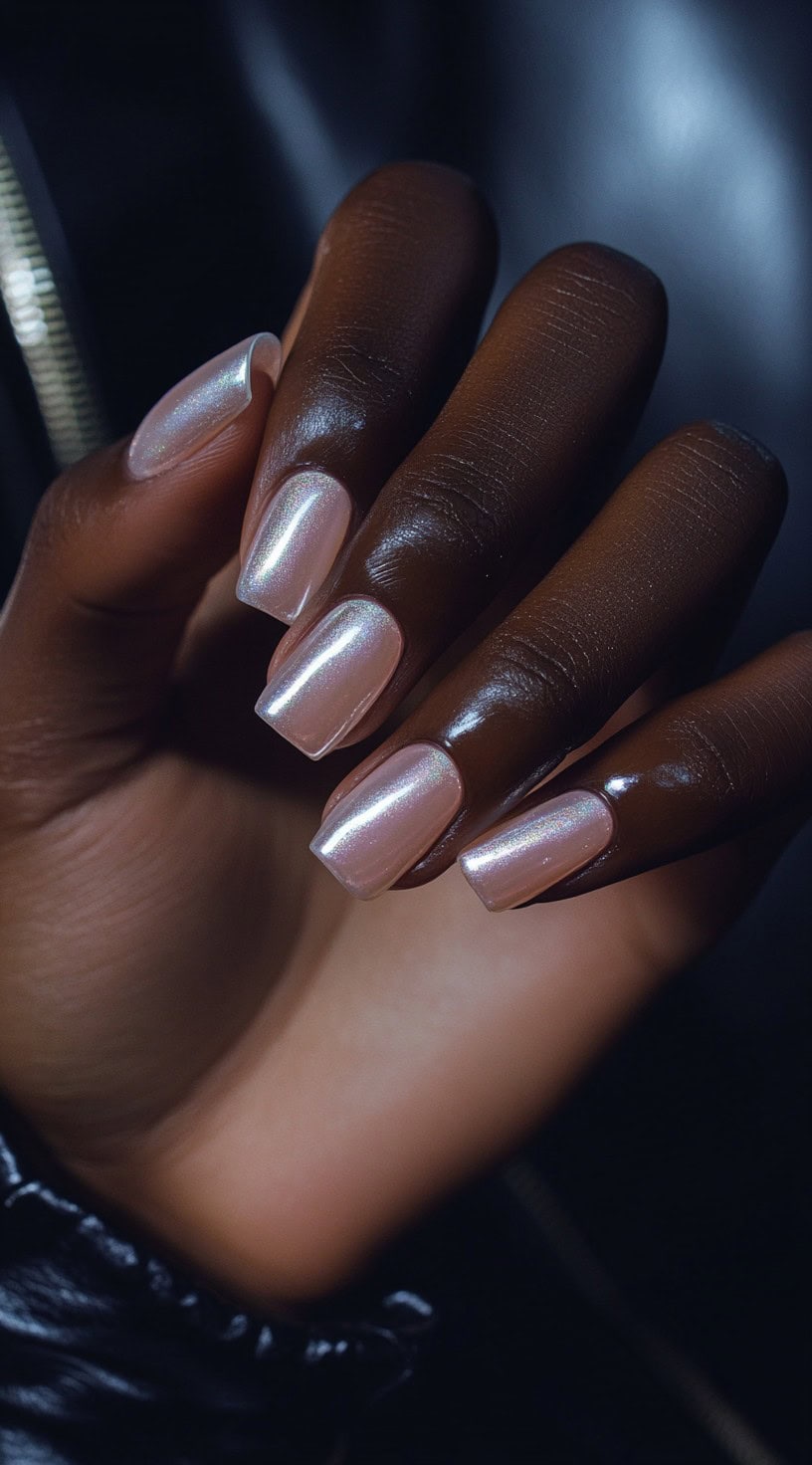 A close-up of a hand with medium-length, square-shaped nails featuring a pearlescent pink chrome finish against a dark background.