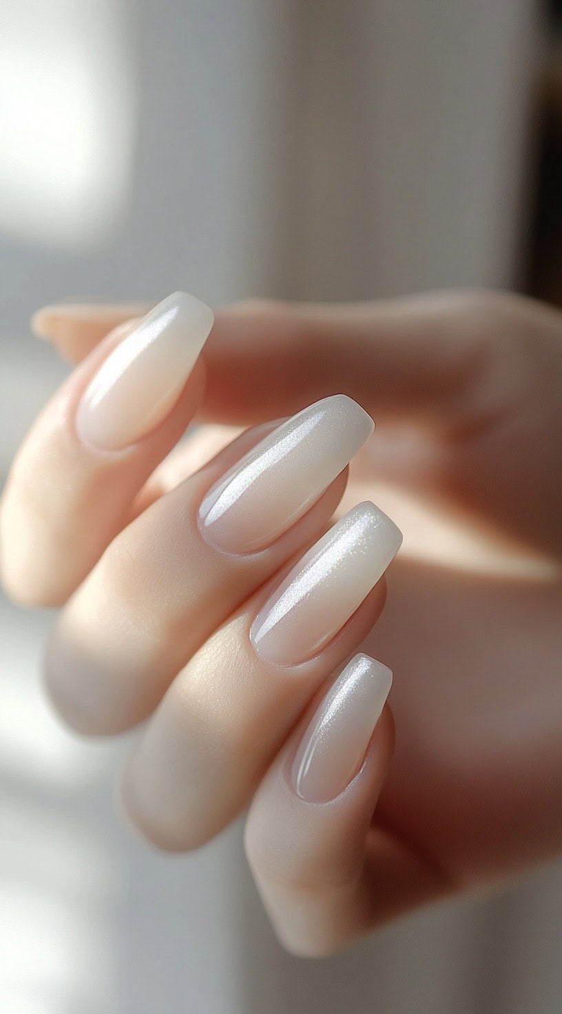 A close-up of long, almond-shaped nails coated in a sheer, pearlescent white polish with a subtle shimmer.