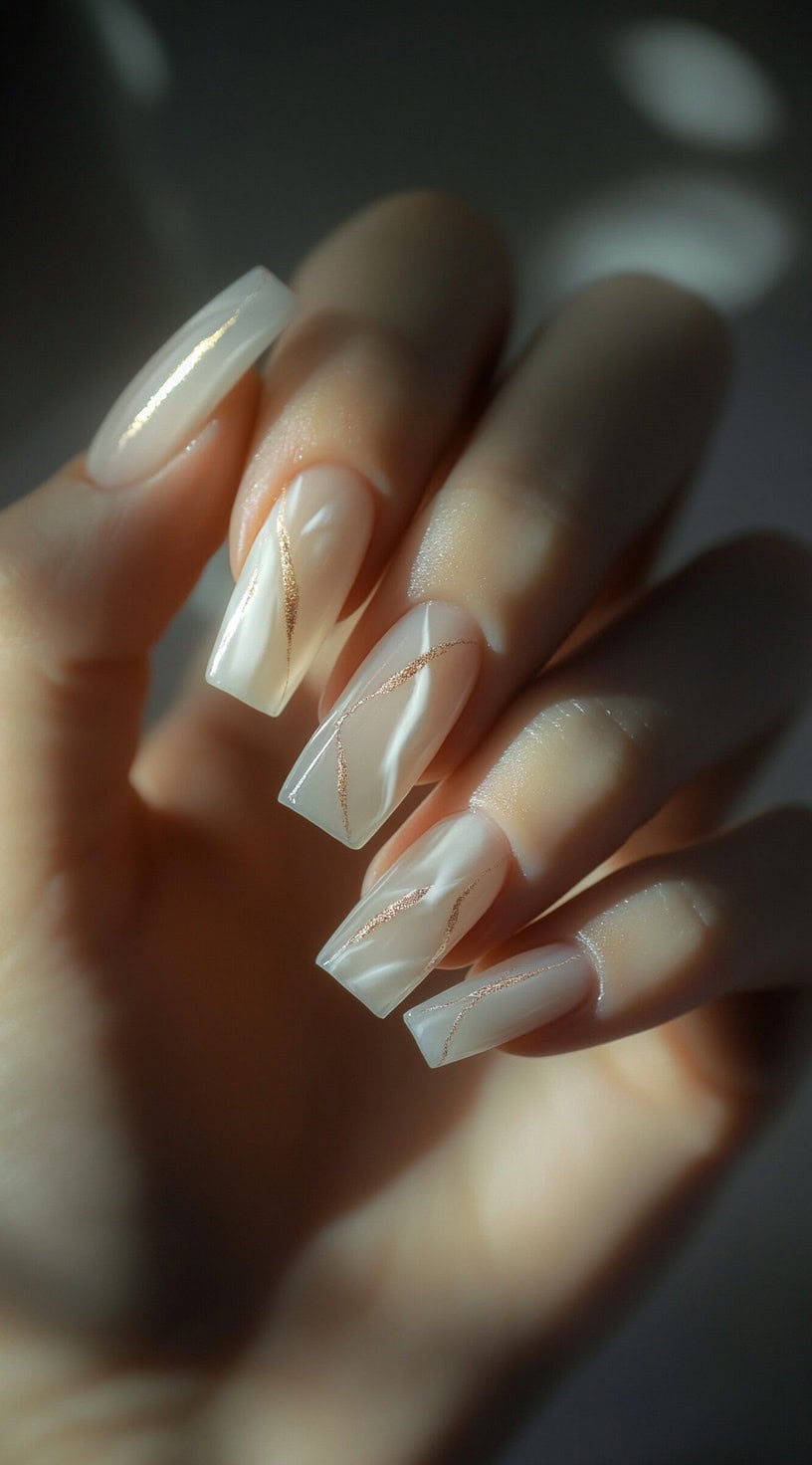 A set of square-shaped nails with a translucent white pearl base, featuring delicate gold streaks running diagonally across the surface.