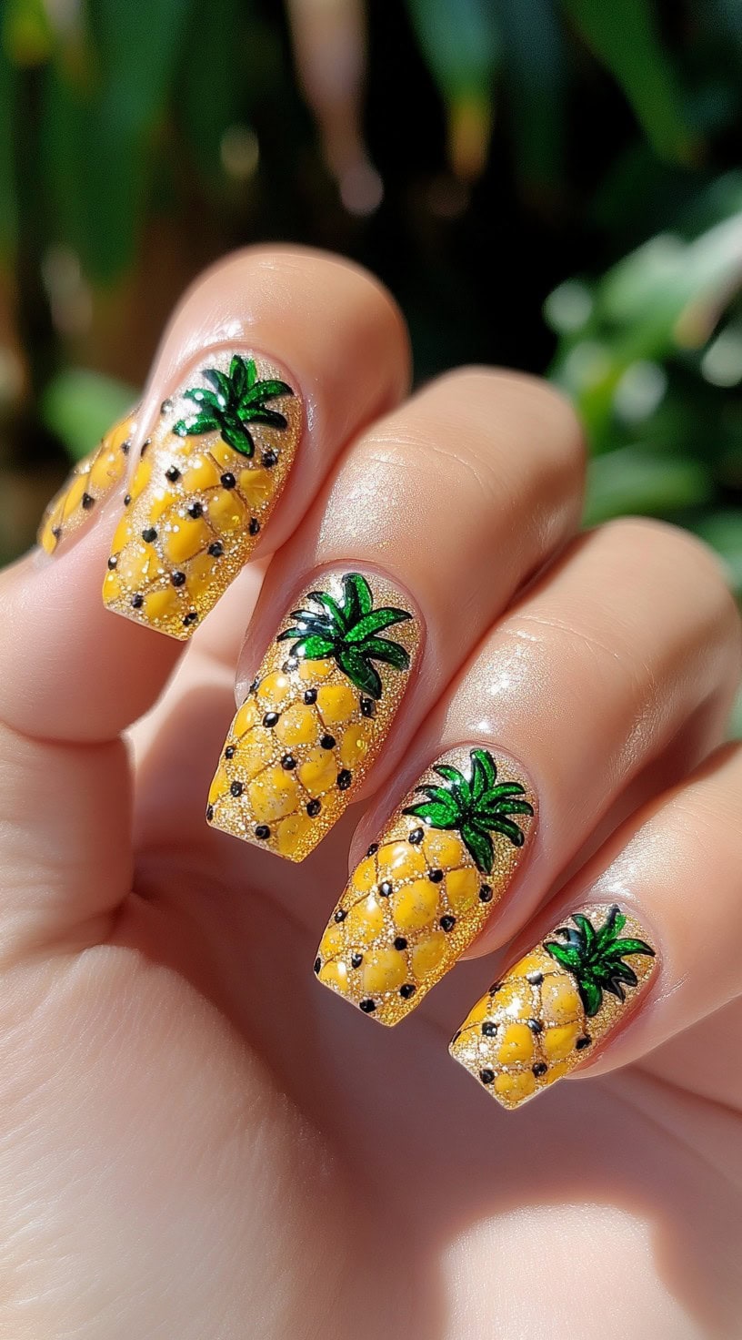 Square-shaped nails with vibrant yellow pineapple patterns and green leafy tops, accented with black dot details and gold shimmer.