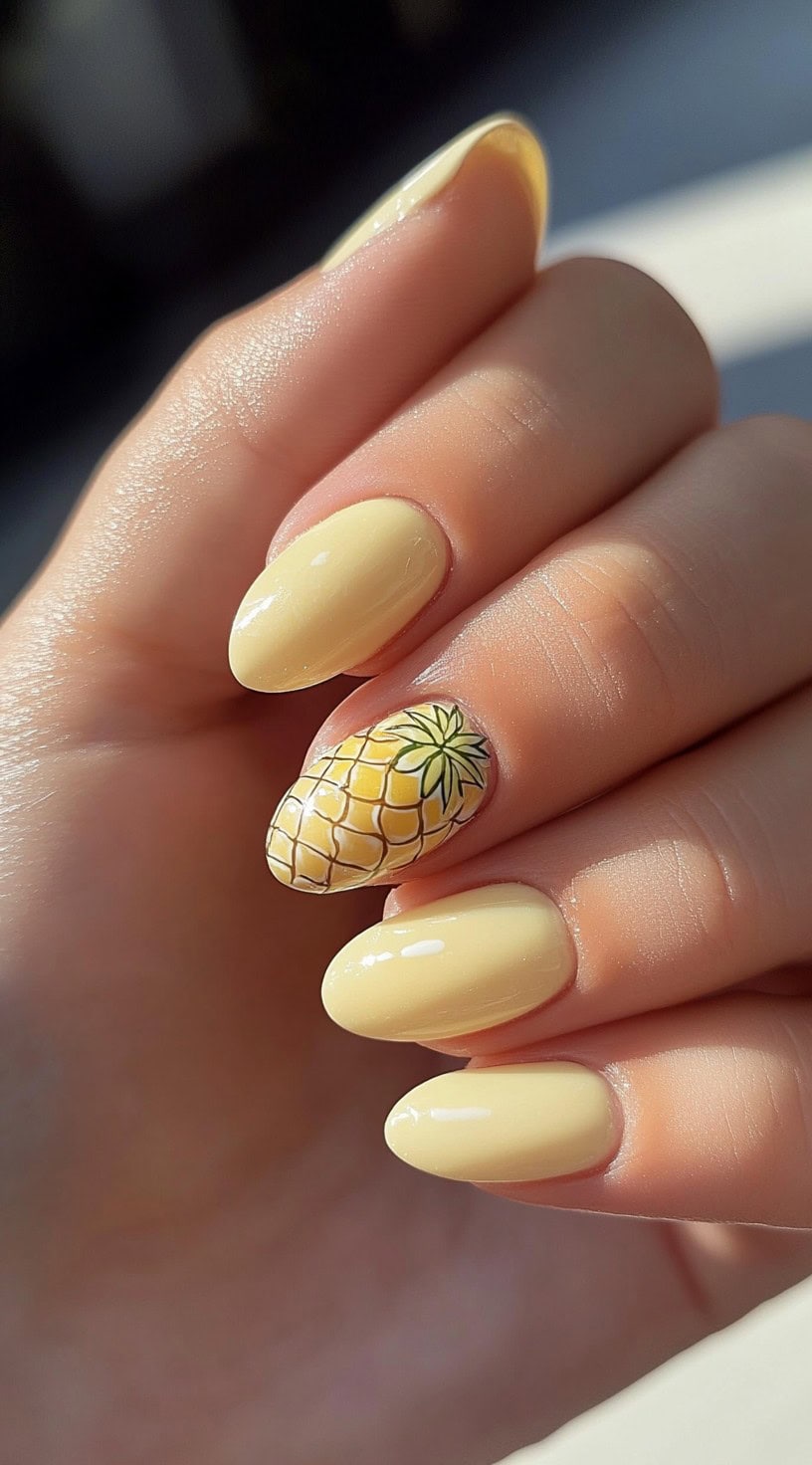 Hand with yellow almond-shaped nails and a pineapple design on one nail.