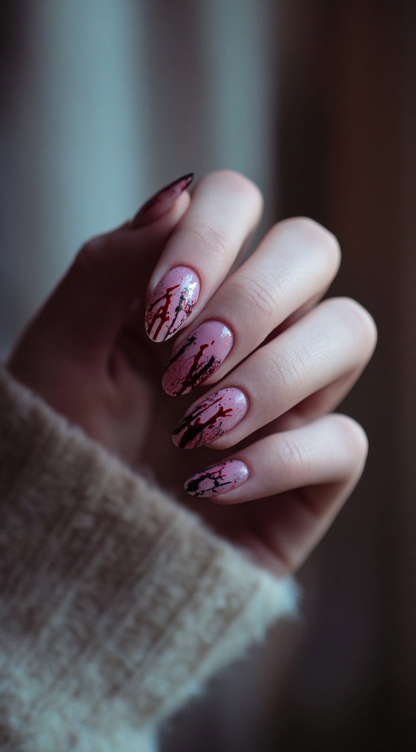 Hand with almond-shaped pink nails featuring dark red and black splatter resembling dripping blood.