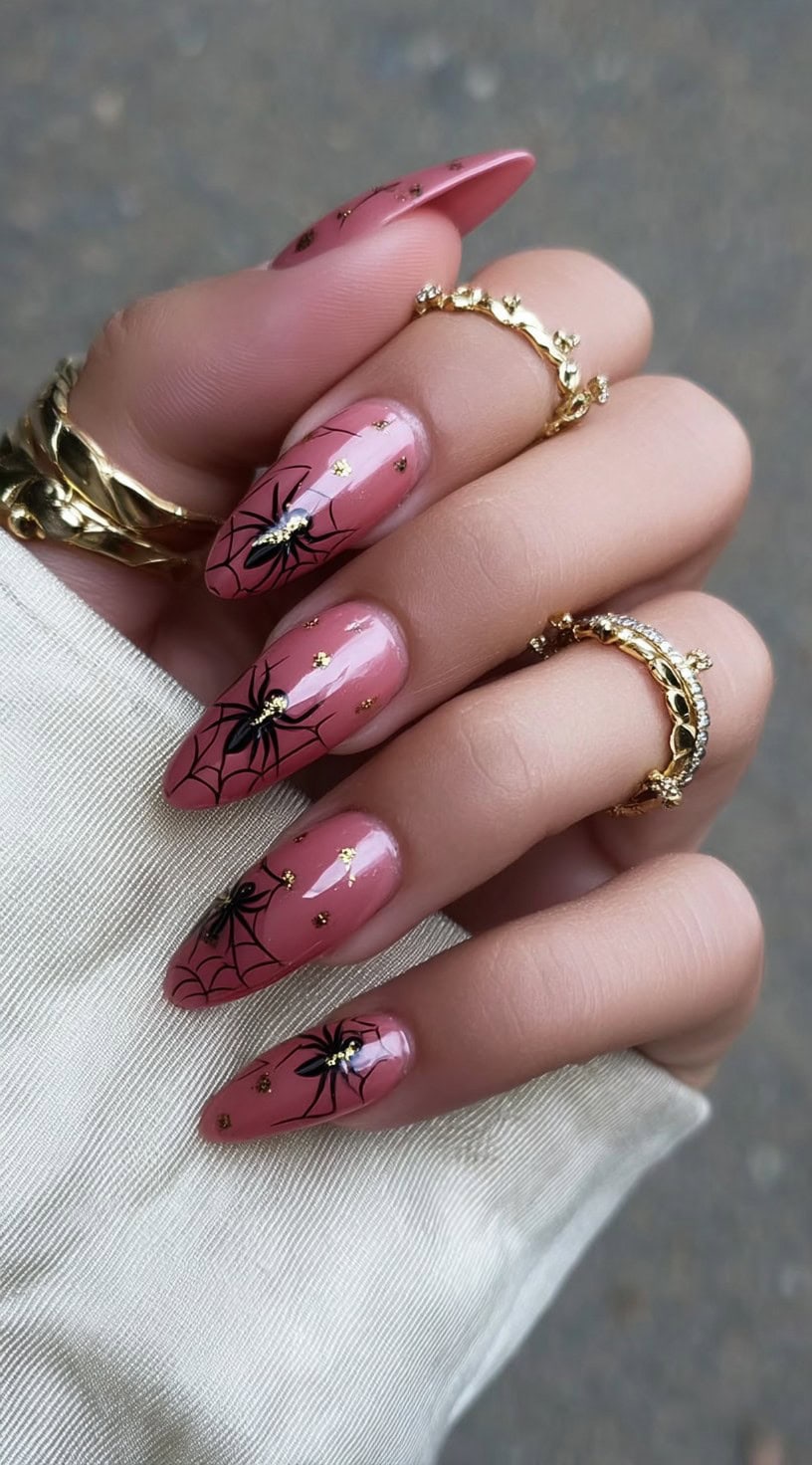 A close-up of pink almond-shaped nails with black spiderwebs, black spiders, and scattered gold foil flakes.