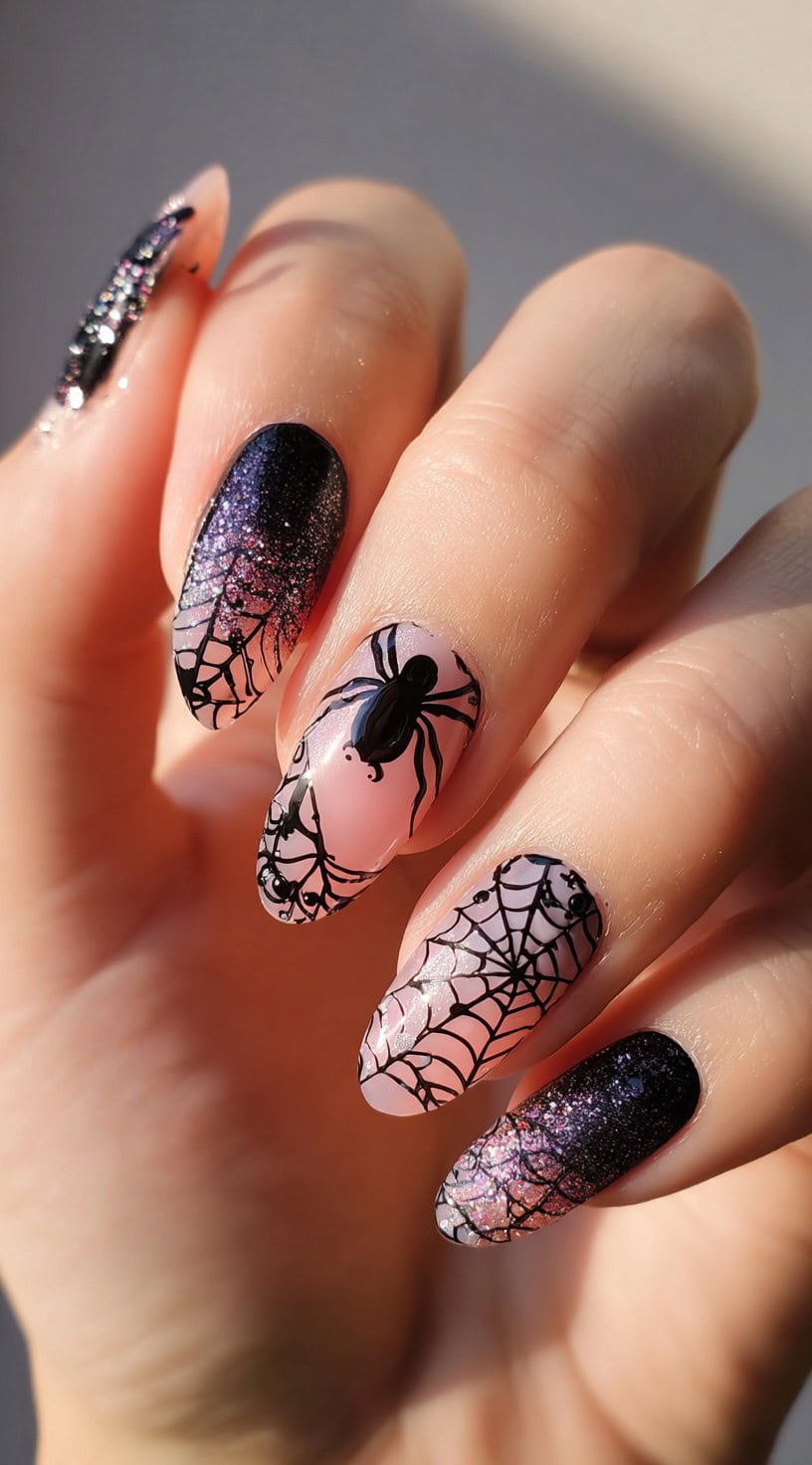 A hand with oval-shaped nails featuring a pink-to-black glitter gradient, black spider webs, and a large black spider decal.