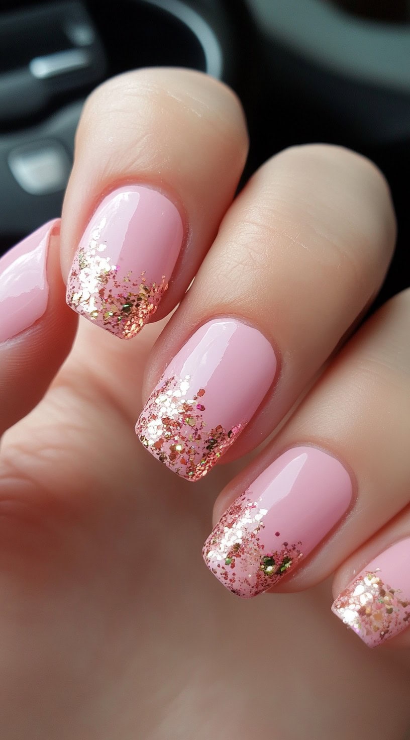 A set of short, square-shaped nails featuring a pink base with gold glitter fading from the tips.