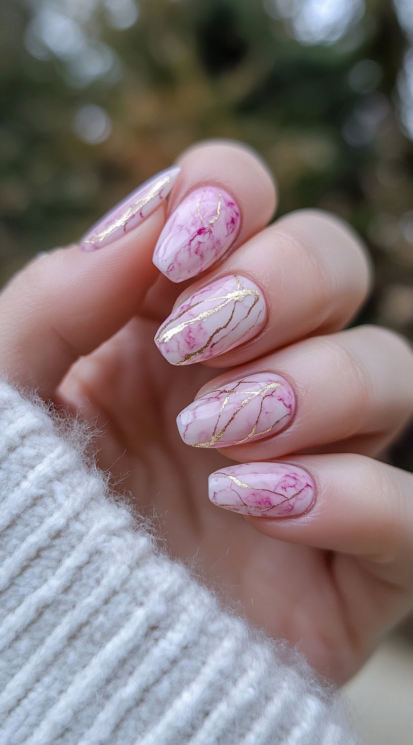 A set of almond-shaped nails featuring a pink and white marble design with delicate gold vein accents.