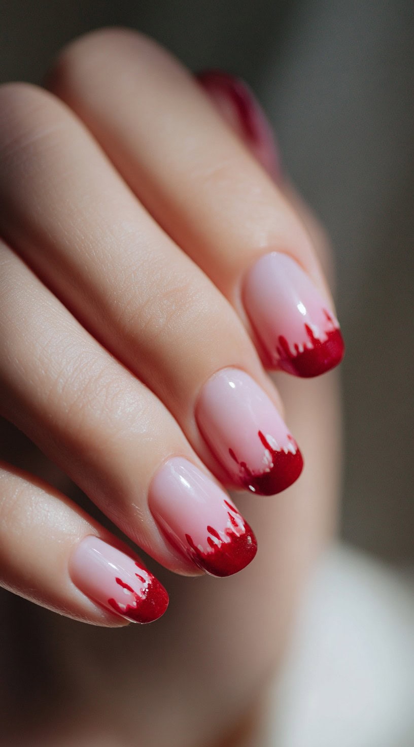 Hand with short rounded pink nails featuring deep red dripping tips resembling blood.
