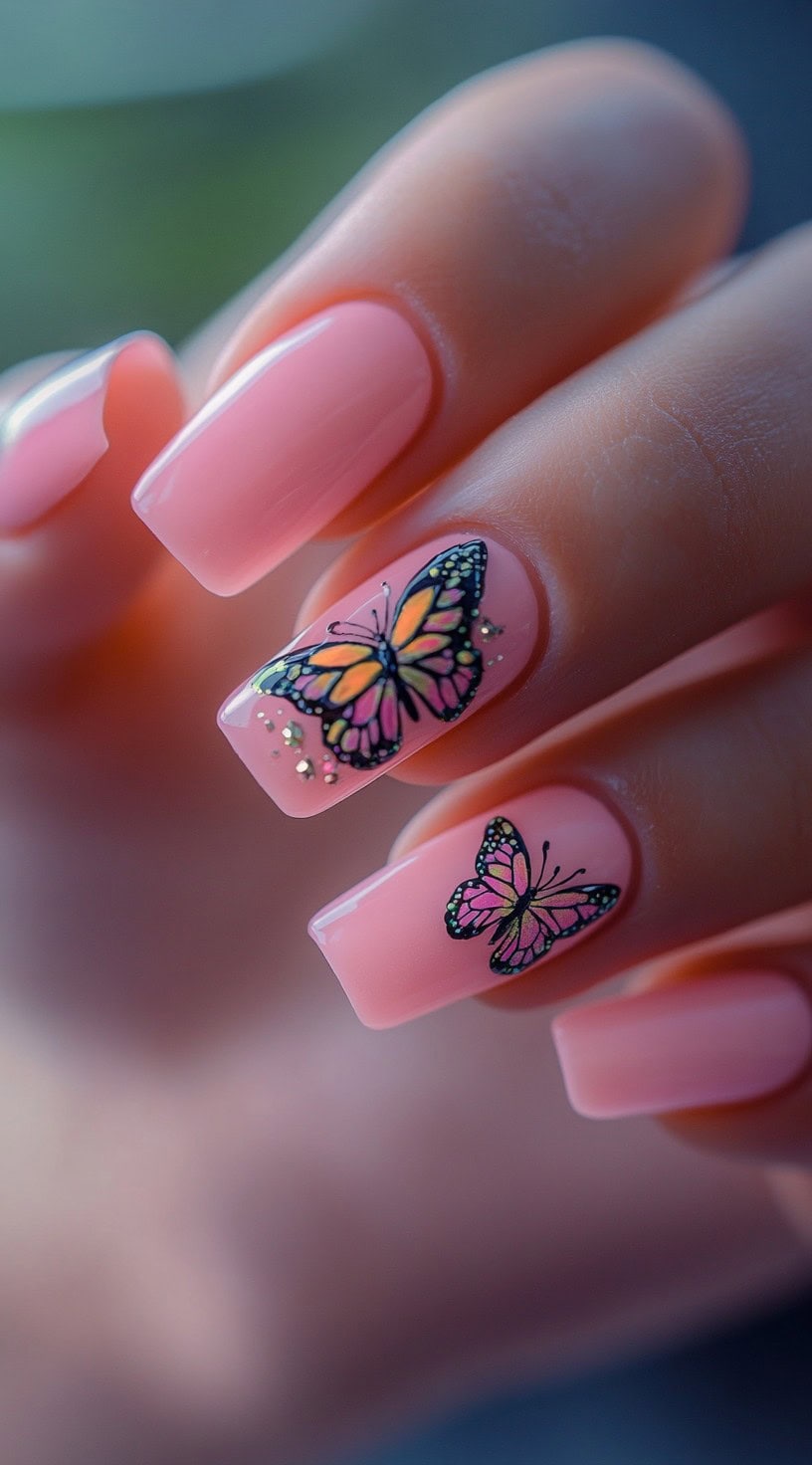 A set of square-shaped nails in a soft pink shade, featuring intricate black and pink butterfly designs on two accent nails.