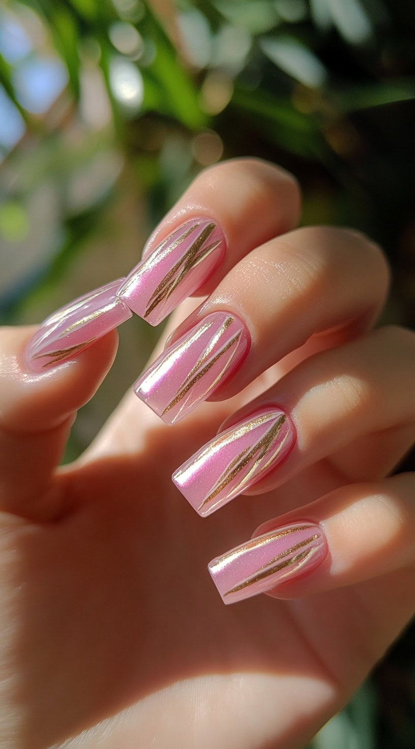 A hand with square-shaped nails in a reflective pink chrome finish, enhanced with sleek gold stripe details.