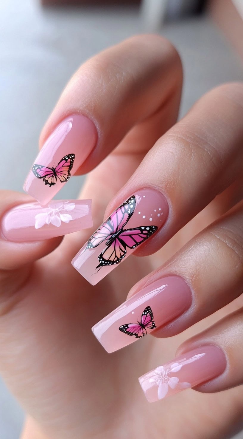 Five pink coffin-shaped nails featuring pink and black butterfly decals with a mix of soft white flowers and dotted accents.