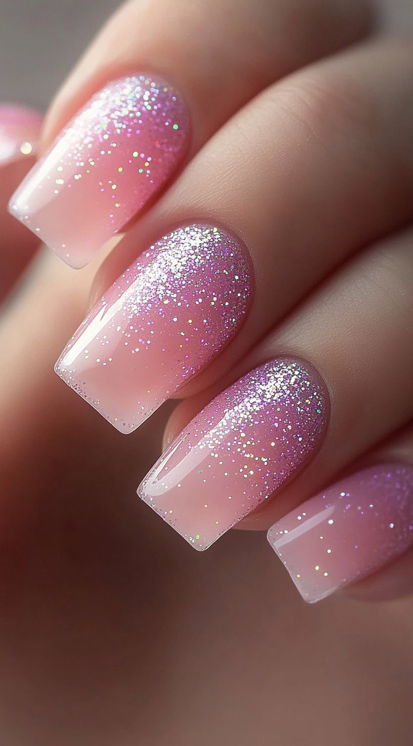 A close-up of square-shaped nails with a pink-to-clear gradient and fine iridescent glitter, giving a soft, sparkling effect.