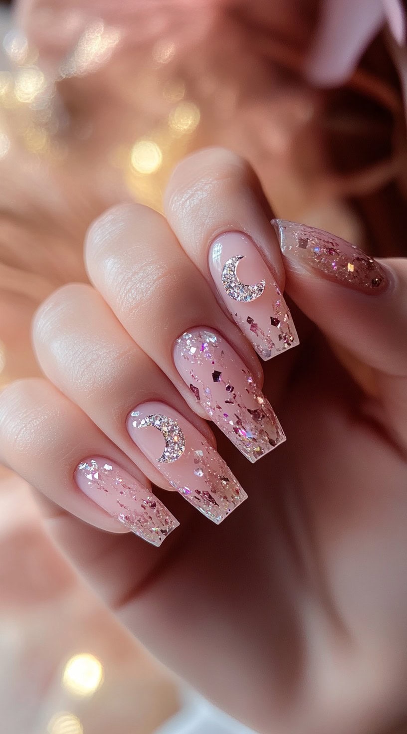 Square-shaped pink translucent nails with chunky glitter and crescent moon embellishments.