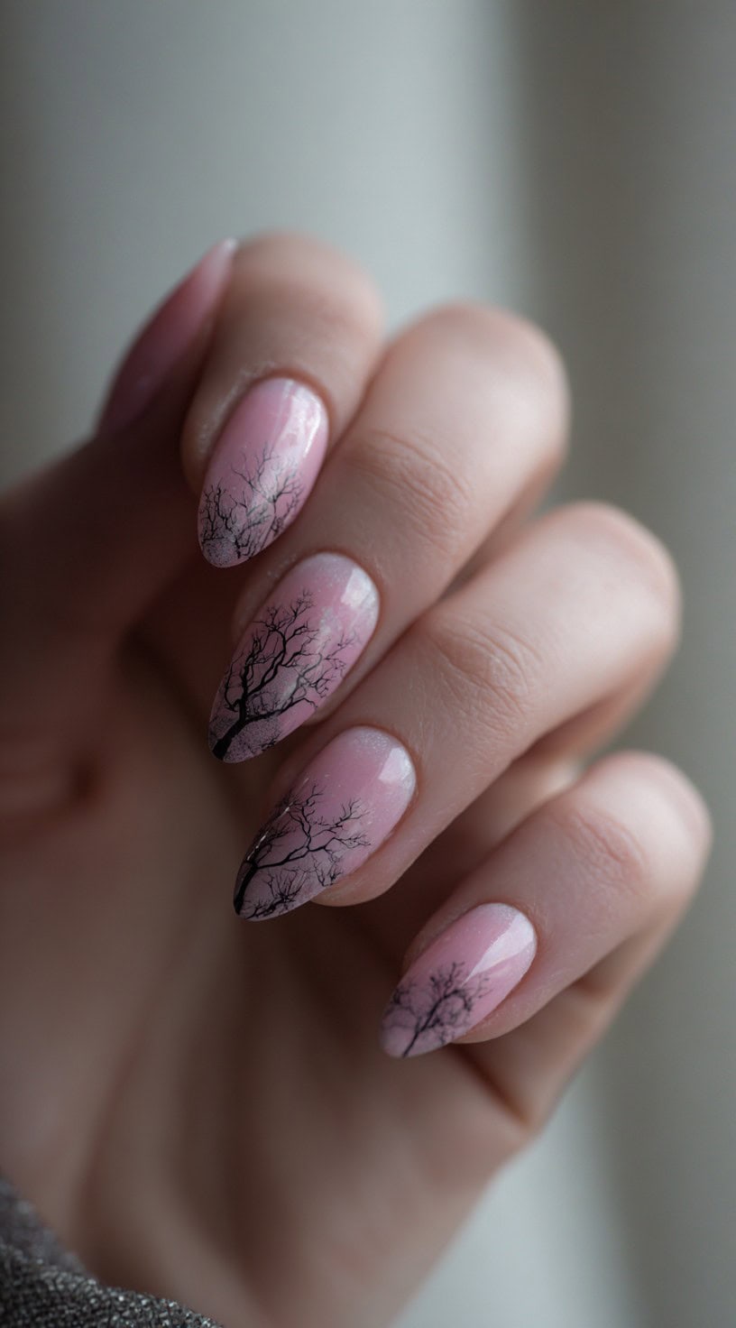 Hand with almond-shaped pink nails featuring black leafless tree silhouettes for a haunted forest effect.