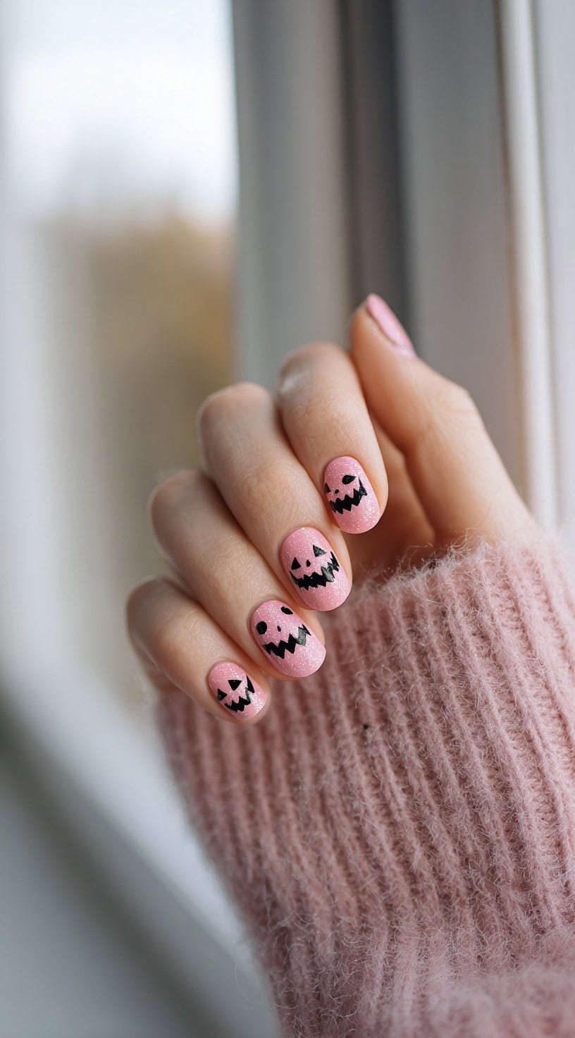 Hand with short round pink nails decorated with black jack-o'-lantern faces over a sparkly base.
