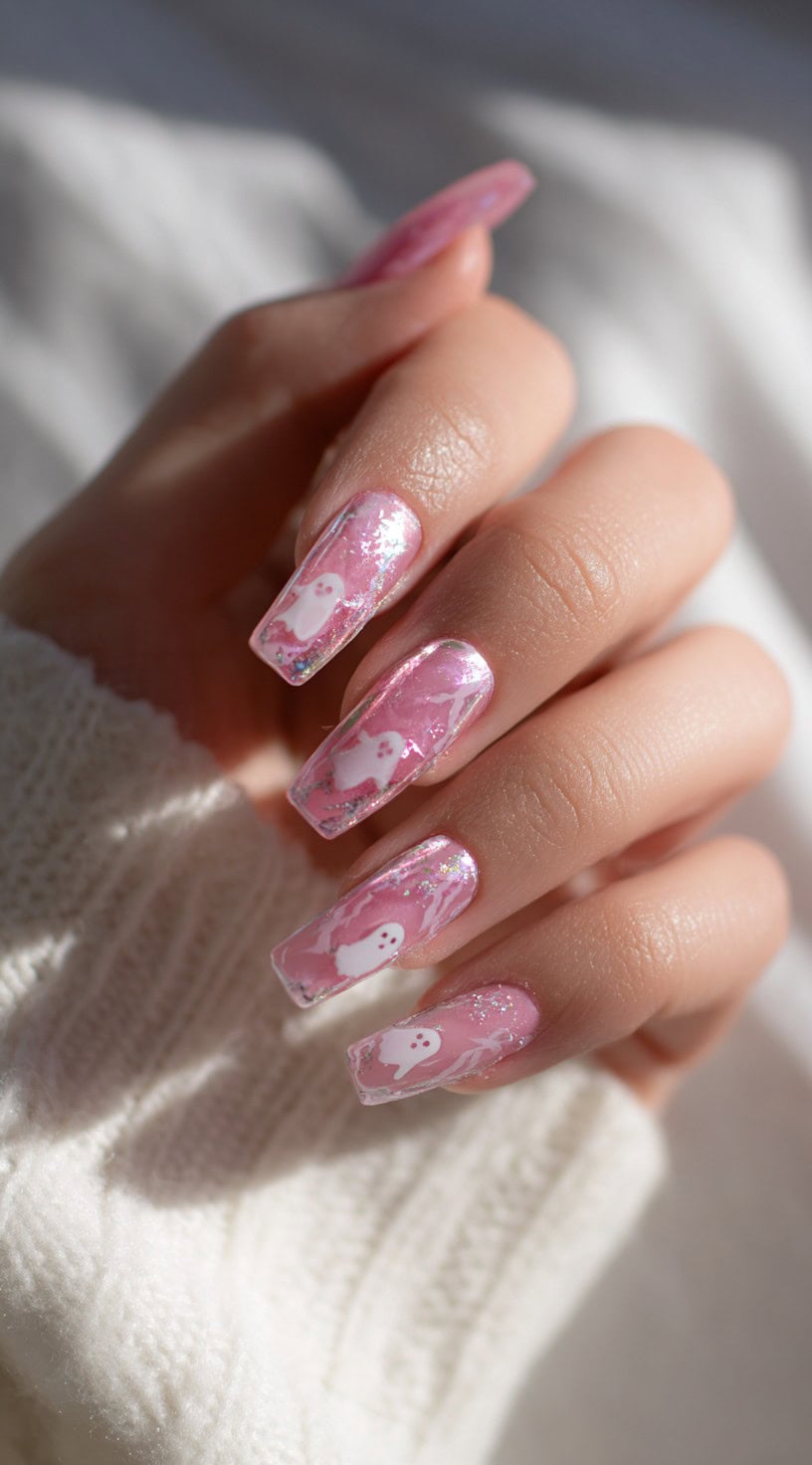 Hand with long pink coffin nails featuring white ghost decals over marbled pink and silver background.