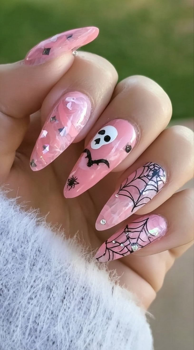 Hand with almond-shaped pink nails decorated with skulls, bats, spiders, spiderwebs, and diamond studs.